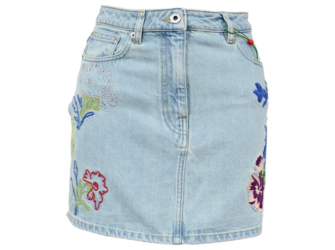 Gonna mini in denim blu con ricami floreali Kenzo Blu chiaro