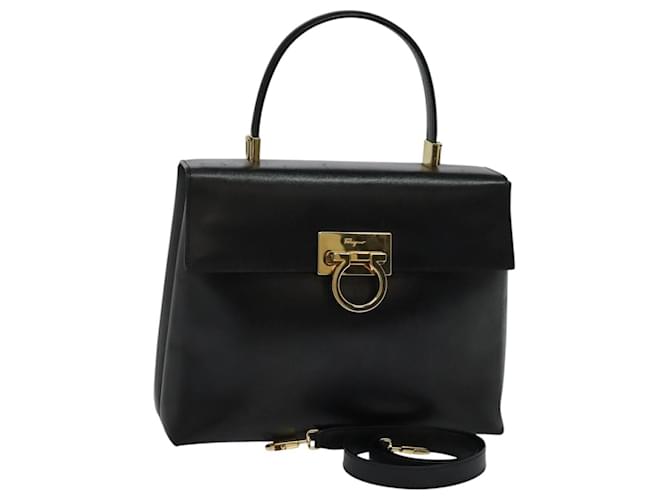 Borsa a mano in pelle Gancini di Salvatore Ferragamo 2way Nero Oro Auth hk2029 D'oro