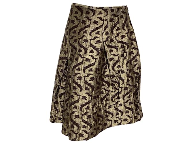 Gonna midi plissettata in broccato dorato in poliestere di Dries Van Noten D'oro