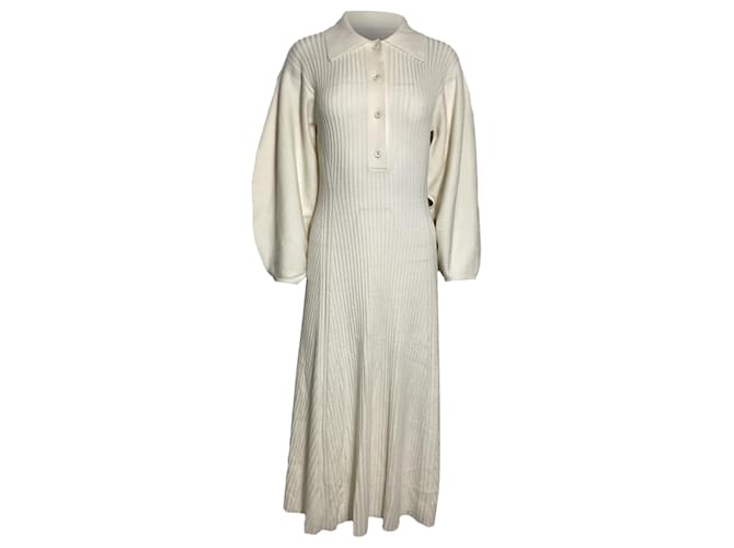 Chloé Abito midi a coste con collet Chloe in lana crema Bianco Crudo