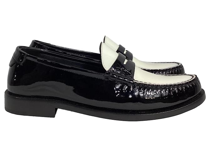 Scarpe Saint Laurent Le Loafer in pelle verniciata nera e bianca Nero