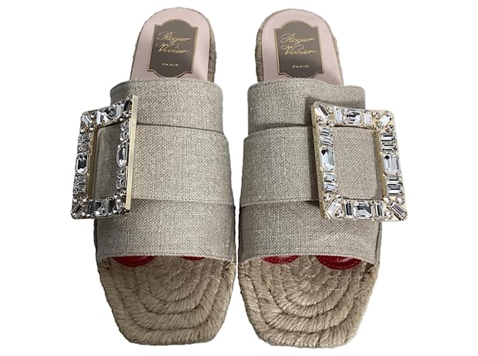Sandali platform espadrille Strass Roger Vivier in tela di lino beige