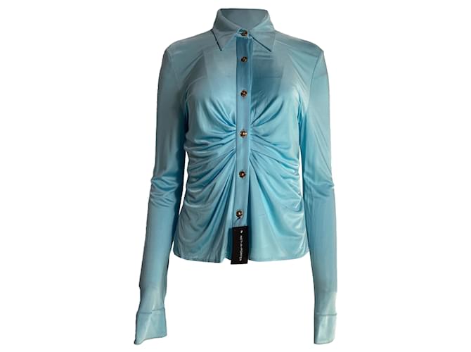 Blusa con bottoni arricciata Versace in viscosa blu Blu chiaro