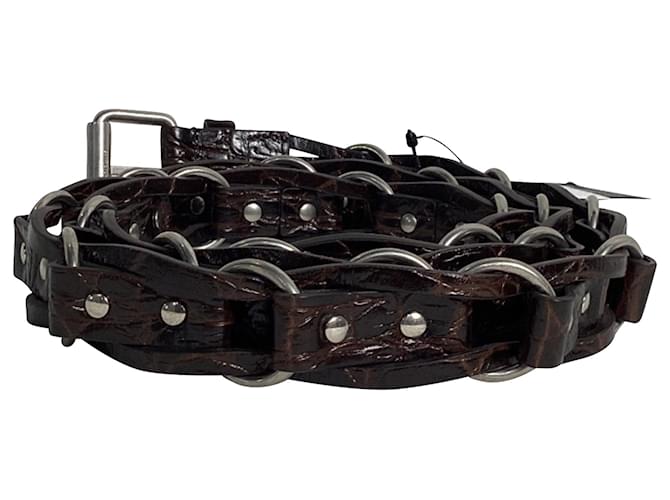 Cintura in pelle marrone con stampa coccodrillo e catena Saint Laurent