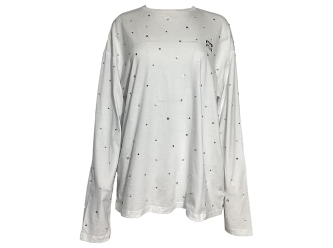 T-shirt in jersey bianco in cotone decorato di Miu Miu Crudo