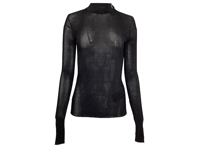 Top a collo alto a coste Saint Laurent in seta nera Nero