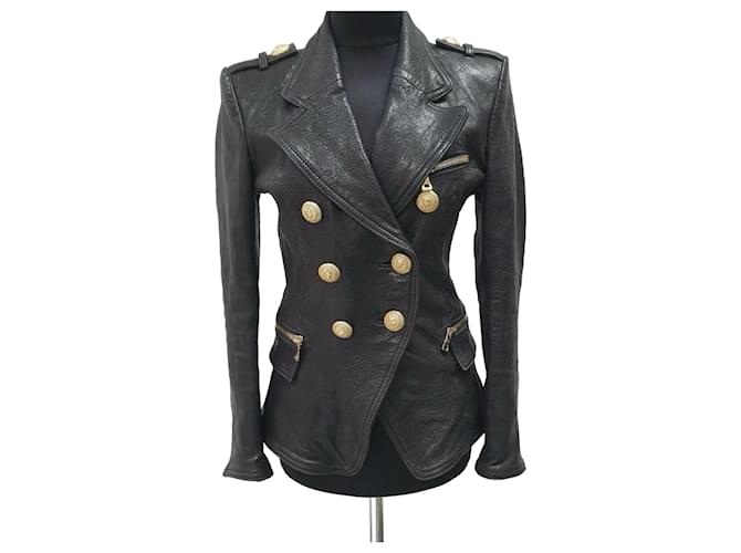 Giacca doppiopetto in pelle grana nera BALMAIN Taglia 38 Nero