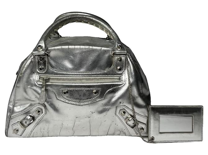 Borsa a mano in pelle argentata Balenciaga City Argento