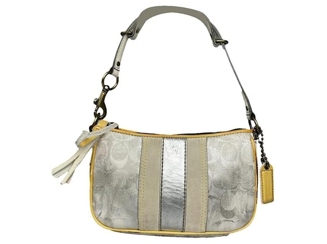 Borsa a mano in pelle argentata Sufflette Signature di Coach Argento