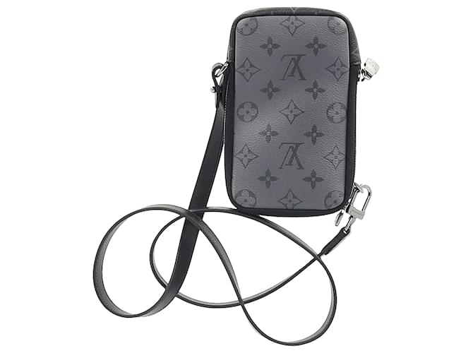 Borsa a doppia pochette per telefono Monogram Louis Vuitton in tela rivestita grigia Nero