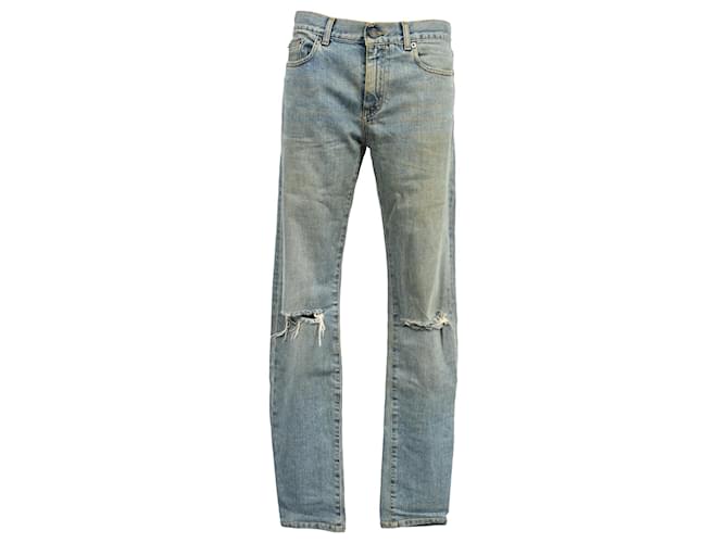 Jeans in cotone blu lavati e strappati Saint Laurent Blu chiaro