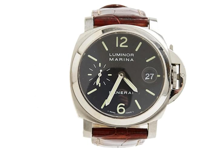 Orologio Panerai Luminor Marina 1048 impermeabile automatico in acciaio e pelle Argento