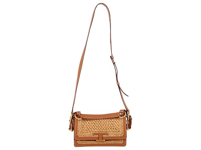 Borsa a spalla Tod's T Timeless in Rafia e Pelle Marrone