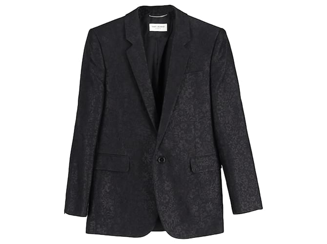Blazer monopetto in lana nera con jacquard floreale di Saint Laurent Nero