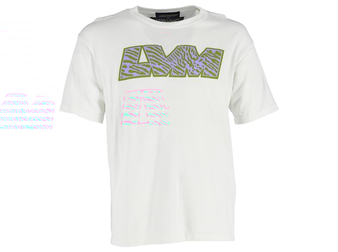 T-shirt a manica corta in cotone bianco con logo Louis Vuitton stampato