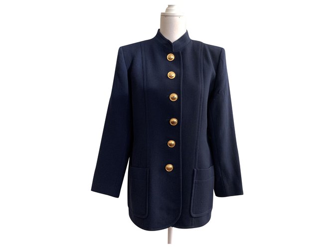 Yves Saint Laurent Cappotto da città vintage in crepe di lana Blu navy