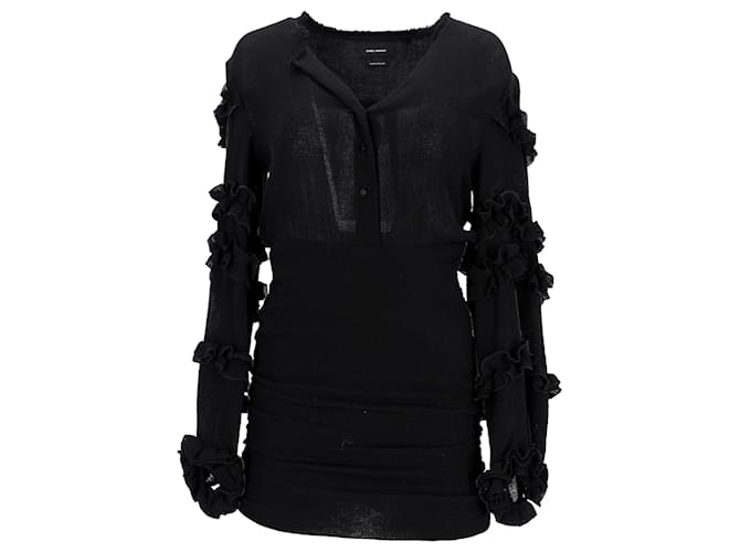 Abito mini in cotone nero con bottoni frontali e maniche a volant Celest di Isabel Marant