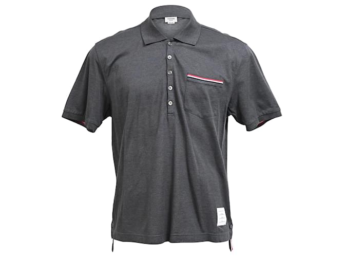 Polo Piqué Thom Browne con rifinitura a righe in cotone grigio