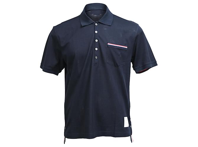 Polo Piqué Thom Browne con rifinitura a righe in cotone blu navy