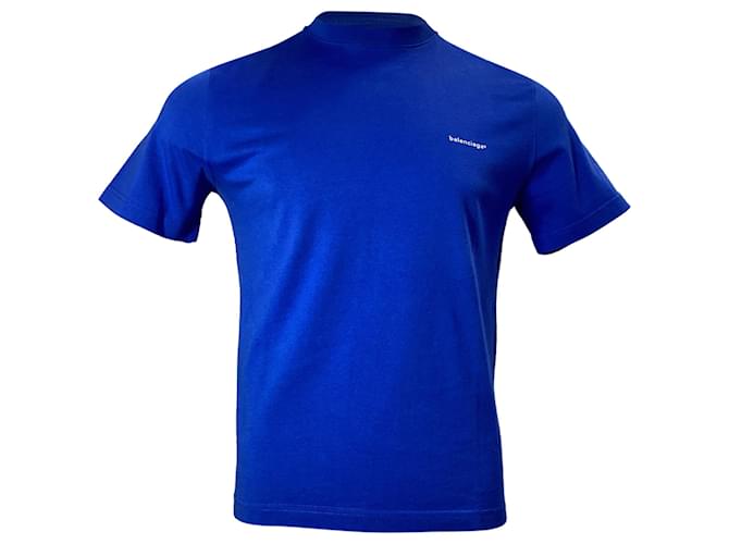 T-shirt a manica corta in cotone blu con logo Balenciaga stampato
