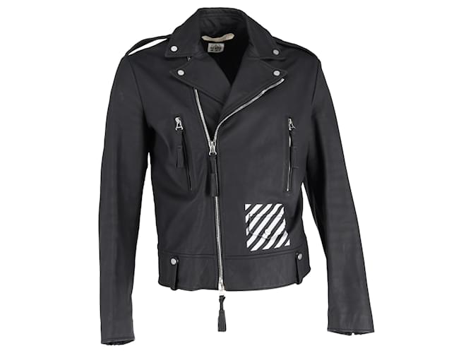 Off White Giacca da motociclista Off-White a strisce diagonali in pelle nera Nero