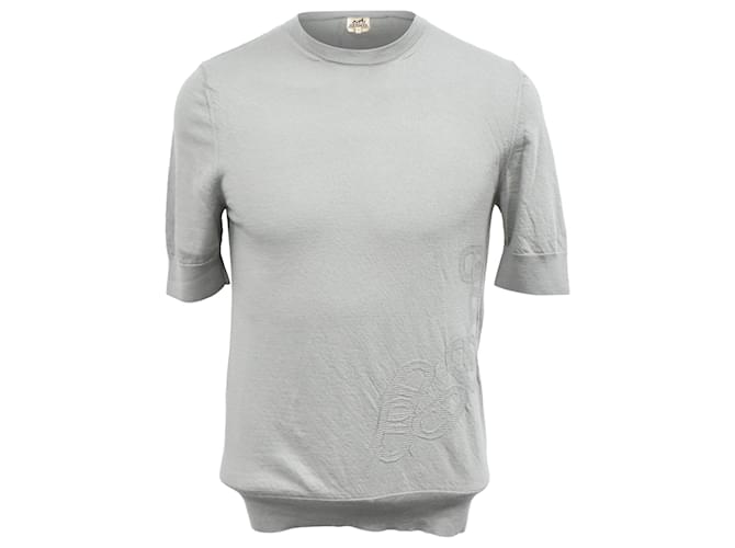 Top a maniche corte in cotone grigio lavorato a maglia Hermès