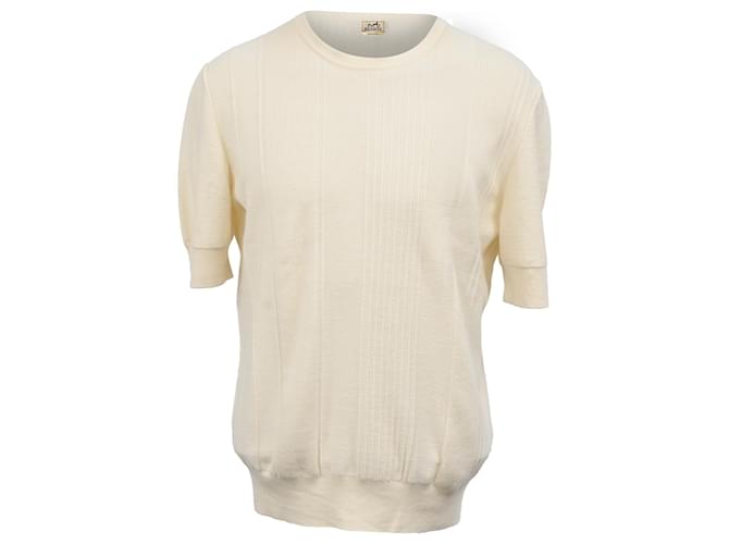 Top in cotone crema a maniche corte lavorato a maglia Hermès Bianco Crudo