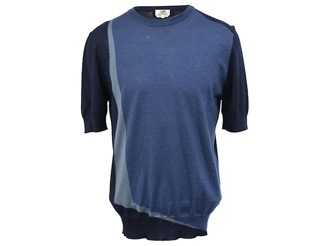 T-shirt in cotone blu a maniche corte lavorato a maglia Hermès Blu navy