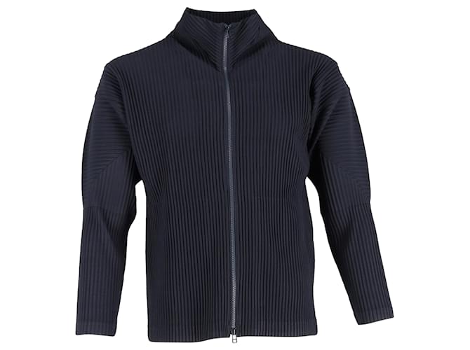 Cardigan plissettato con zip Homme Plissé Issey Miyake in poliestere blu navy