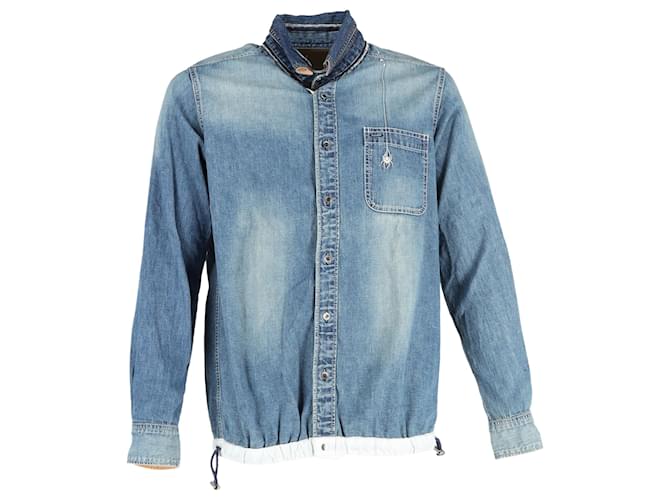 Camicia in denim azzurro chiaro ricamata Sacai Dr. Woo con rifinitura in gros-grain Blu Blu chiaro