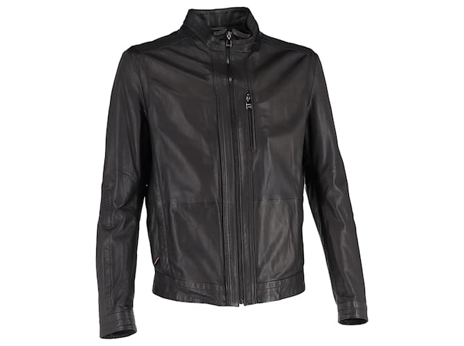 Giacca con zip Hugo Boss in pelle nera Nero