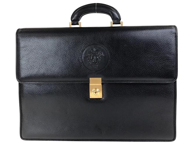 Borsa da lavoro in pelle nera vintage Gianni Versace Medusa Nero