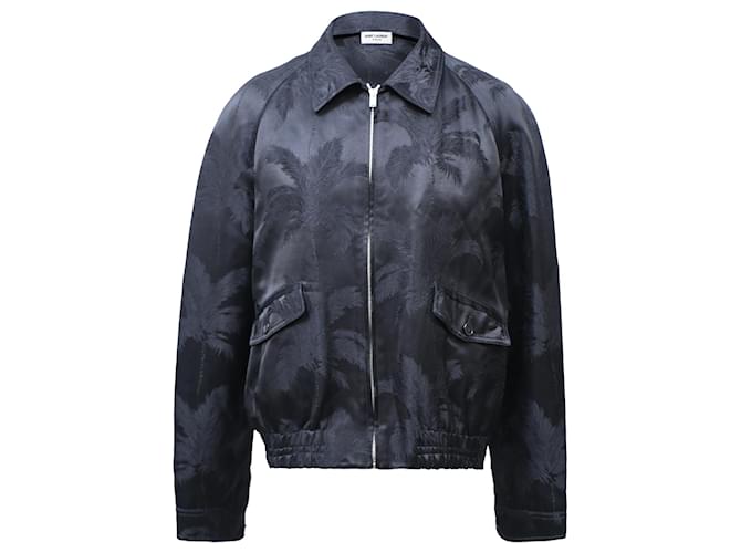 Giacca bomber in satin nero con palme Jacquard di Saint Laurent