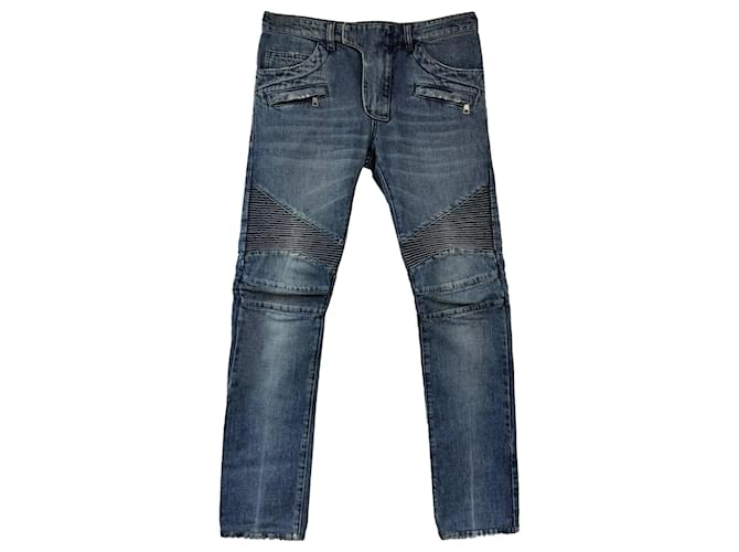 Jeans Biker Slim-Fit Balmain in Denim di Cotone Blu Blu chiaro