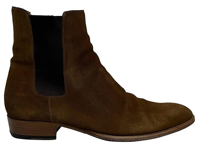 Stivali Chelsea Wyatt in Camoscio Marrone di Saint Laurent Rosso
