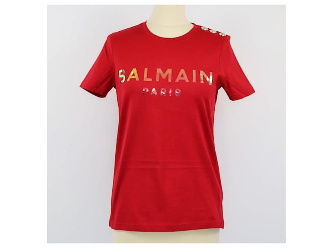 T-shirt con stampa logo rossa Balmain e dettagli con bottoni Rosso