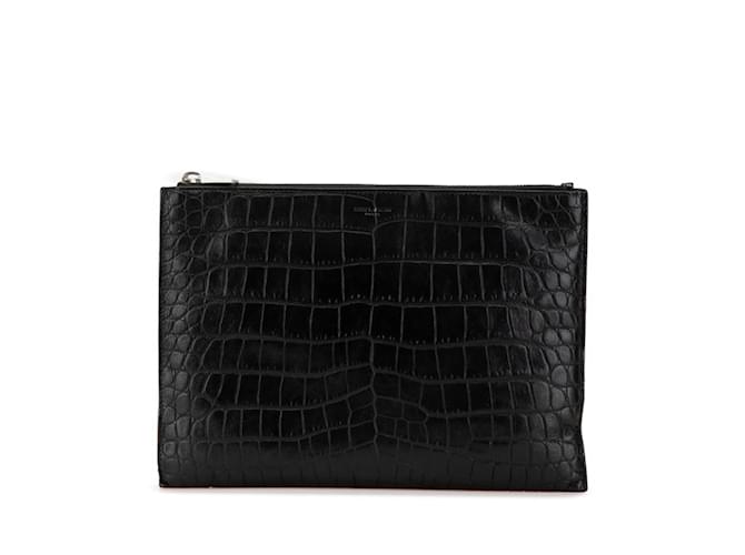 Clutch in pelle con stampa coccodrillo Saint Laurent Nero