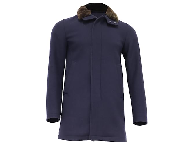 Cappotto in lana blu navy con colletto in pelliccia Herno
