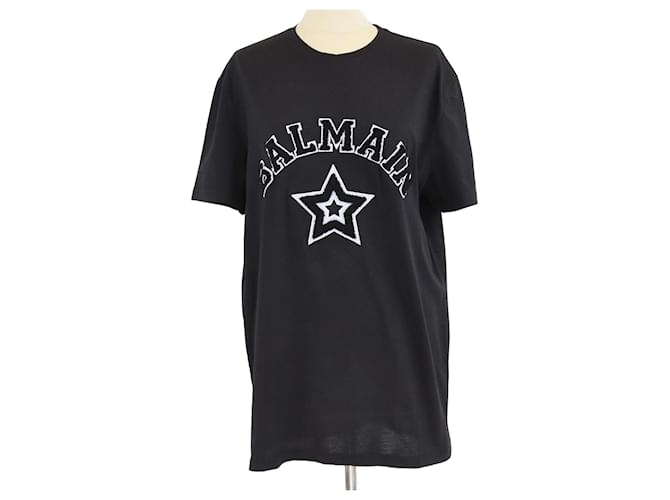 T-shirt nera in tweed con logo ricamato Balmain Nero