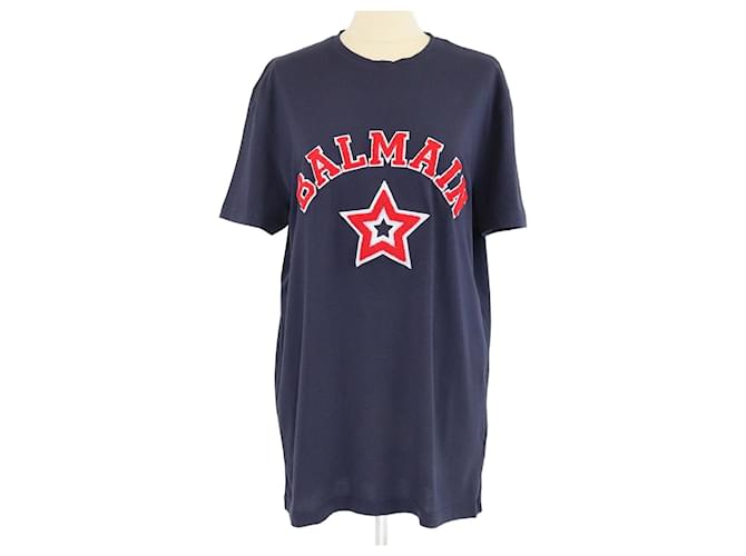 T-shirt girocollo in tweed blu scuro/rosso con logo ricamato Balmain