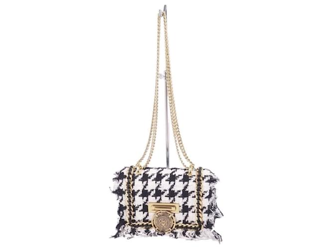 [Usato] BALMAIN Borsa a tracolla in tweed a quadri Borsa a tracolla Borsa in pelle di vitello in lana Borsa a tracolla Donna Nero Bianco