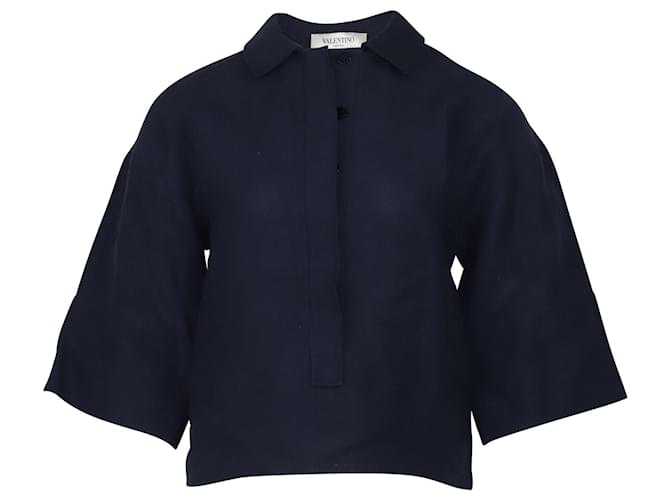 Top corto Valentino con maniche a tre quarti in lino blu navy