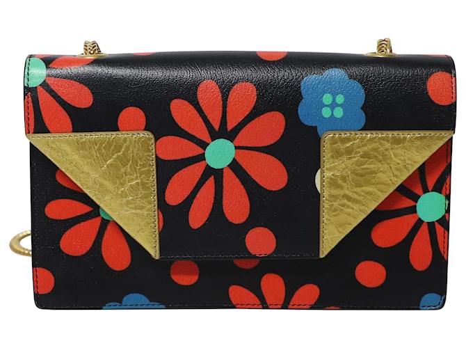 Borsa a spalla con catena Saint Laurent con stampa floreale in pelle di vitello nera Nero