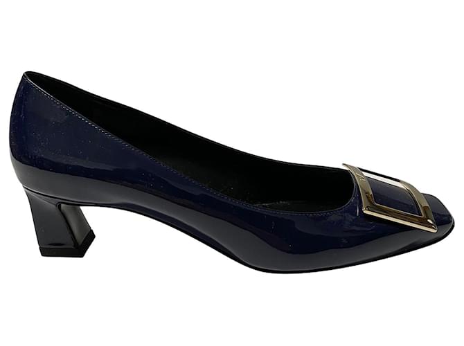 Roger Vivier Décolleté Belle Vivier Trotte in Pelle Verniciata Blu Navy