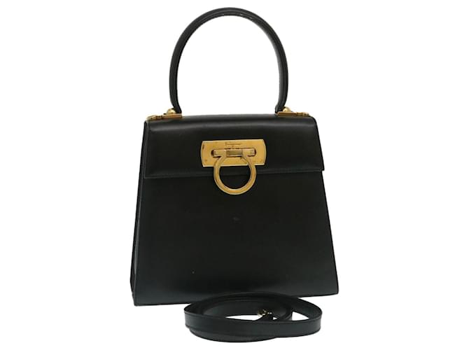 Salvatore Ferragamo Gancini Borsa a Mano in Pelle 2modo Black Gold Auth nh486 Nero D'oro
