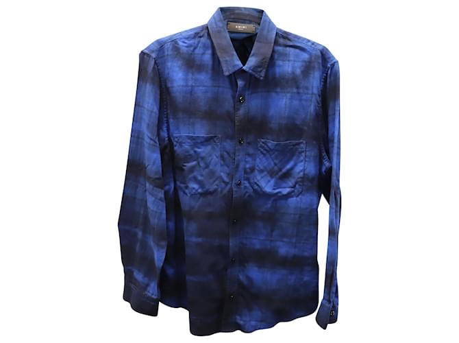 Camicia Amiri Flanella Manica Lunga Bottone Frontale in Cotone Blu