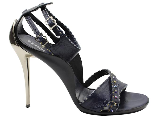 Sandali Fendi Peep Toe Cinturino Alla Caviglia Tacco Alto in Pelle Blu