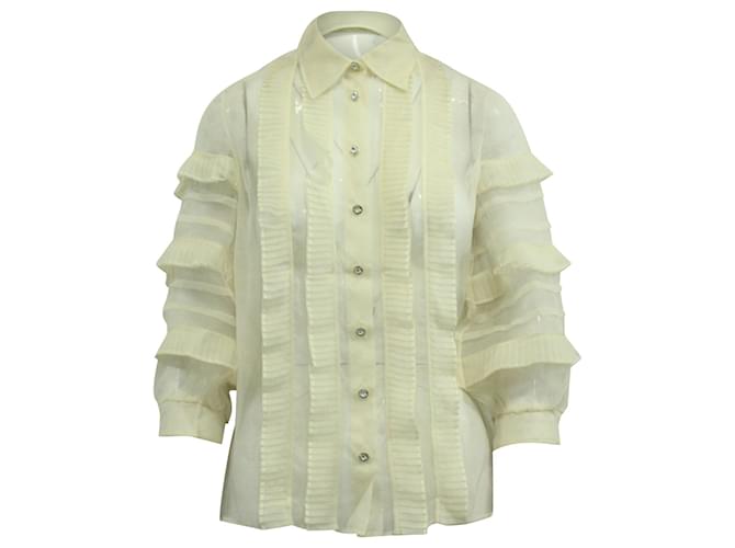 Blusa Miu Miu Button Down Con Volant in Seta Panna Bianco Crudo