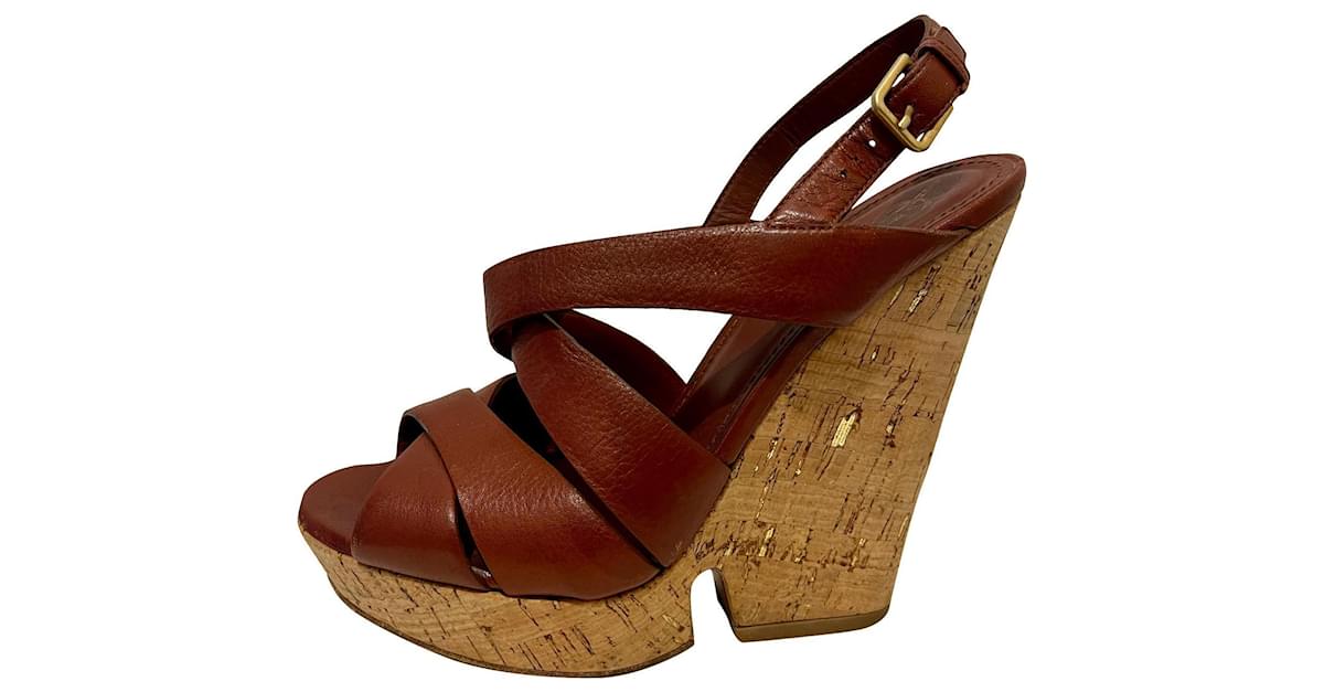 Yves Saint Laurent Sandali con zeppa YSL vintage della serie Tribute Marrone Castagno