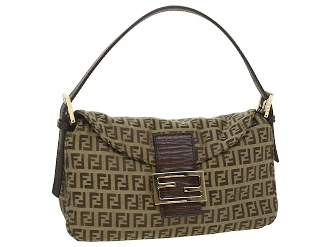 FENDI Zucca Canvas Mamma Baguette Borsa a Spalla Nylon Marrone Nero Auth am3973
